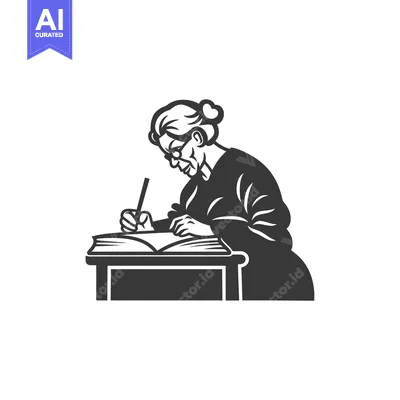 Aset desain premium: Elderly Woman Writing in a Book at a Desk