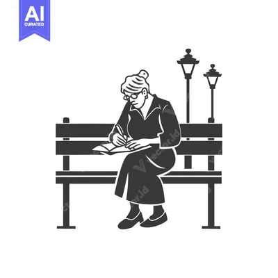 Aset desain premium: Elderly Woman Writing in a Notebook on a Bench
