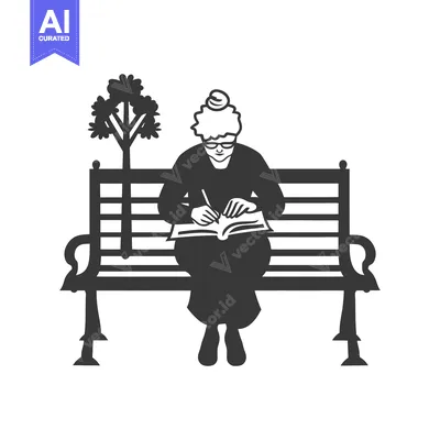 Aset desain premium: Elderly Woman Writing in a Notebook on a Bench