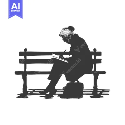Aset desain premium: Elderly Woman Writing on a Park Bench