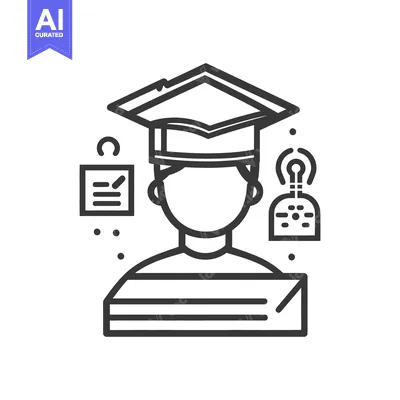 A linear illustration of a student with educational symbols