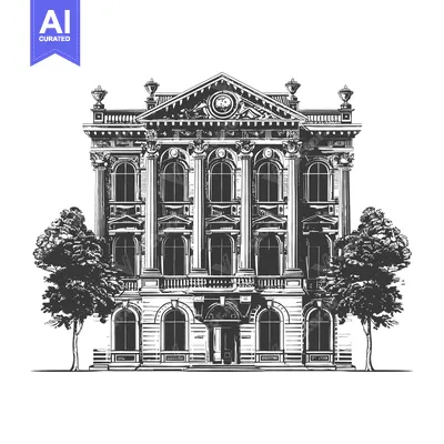 Premium design asset: Elegant Classical Building With Trees Flanking The Entrance