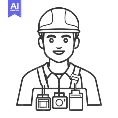 Aset desain premium: A smiling construction worker wearing a safety helmet and equipment