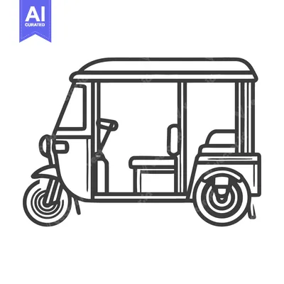 Stylized Tuk-Tuk Illustration: Black Outline on White Background, Tran