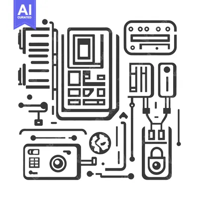 Aset desain premium: A minimalist technical illustration depicting connected electronic com