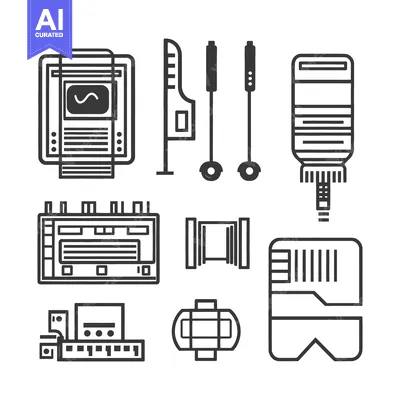 Premium design asset: Several electronic medical and scientific devices displayed in monochr
