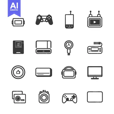 Simple outlined illustrations representing electronic devices and gadg