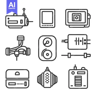 Nine schematic electronic icons depicting various technological compon