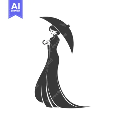 Aset desain premium: Elegant Woman Holding Umbrella in Flowing Dress