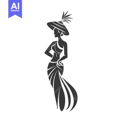 Aset desain premium: Elegant Woman in a Wide-Brimmed Hat and Flowing Dress