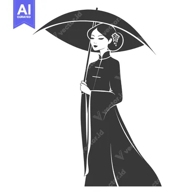 Aset desain premium: Elegant Woman in Traditional Chinese Dress with Umbrella