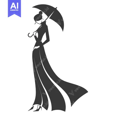 Aset premium populer: Elegant Woman with Umbrella and Flowing Dress Silhouette