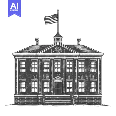 Aset desain premium: American Flag Flies Above Grand Brick School Building