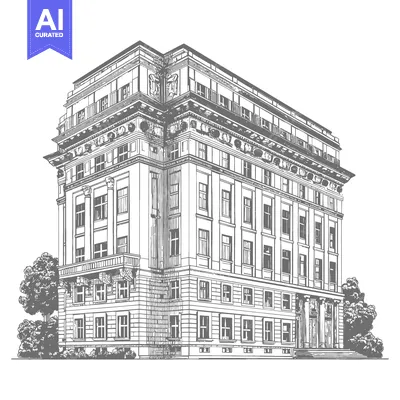 Aset desain premium: Elegant Corner Building Architectural Sketch Drawing