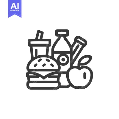 Aset desain premium: Bold Line Art: Classic Lunchbox Meal with Burger, Drink, and Apple