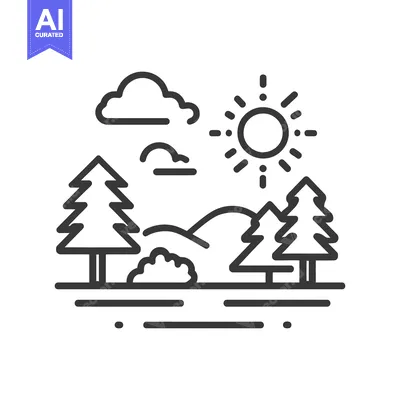 Aset premium populer: Minimalist Forest Landscape Icon with Sun and Clouds, Line Art