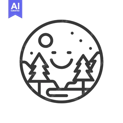 Aset desain premium: Minimalist Landscape Icon: Smiling Moon, Trees, and Hills in Circle Fr