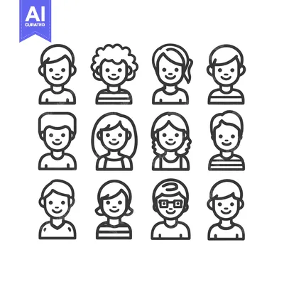 Aset desain premium: Diverse People Icons: Line Art Portraits of Men and Women Characters