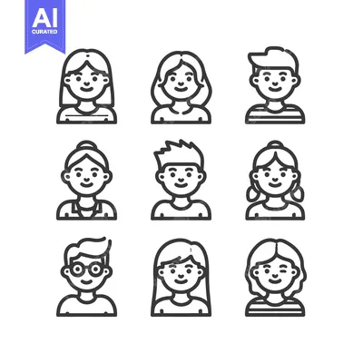 Aset premium populer: Diverse People Icons: Minimalist Black Line Art Portraits on White Bac