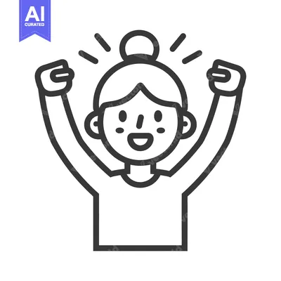 Aset desain premium: A smiling cartoon figure celebrating success with raised arms
