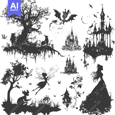 Aset desain premium: Enchanting Silhouettes of a Fantasy World with Castles, Fairies, and C