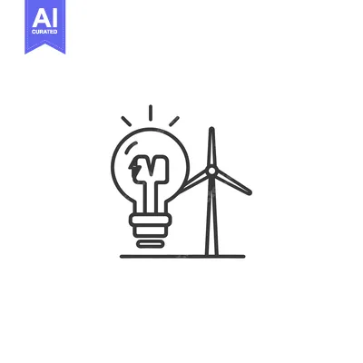 Aset desain premium: Minimalist Icon: Wind Turbine Powering Light Bulb, Clean Energy Concep