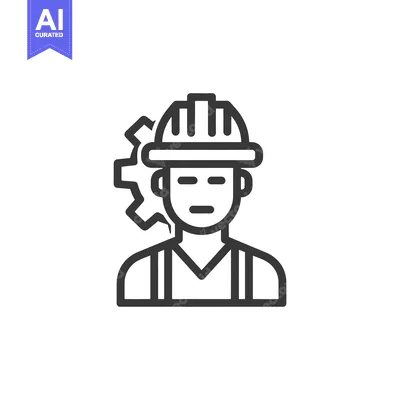 Aset desain premium: Line Art Icon: Engineer with Hard Hat and Gear Symbol