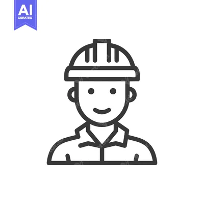 Aset desain premium: Smiling Construction Worker Icon with Hard Hat and Uniform, Line Art