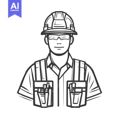 Aset premium populer: Illustration of a construction worker wearing safety equipment and smi
