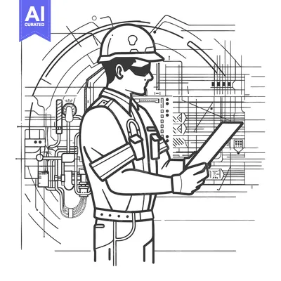 Aset premium populer: A technician wearing a helmet studies a plan on a tablet device