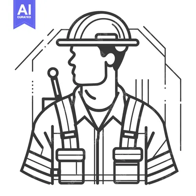 Aset desain premium: An outlined illustration depicting a construction worker wearing prote