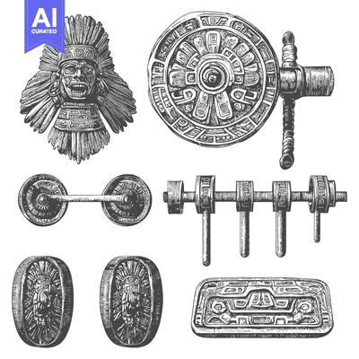 Aset desain premium: Engraved Aztec Art Collection with Masks, Wheels, and Other Ornaments