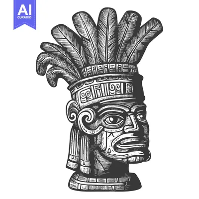 Aset desain premium: Engraved Illustration of a Mayan Head with Feathers