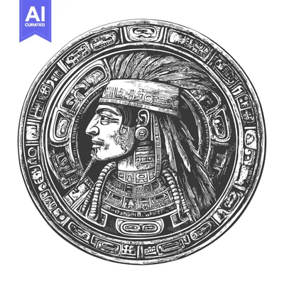 Premium design asset: Engraved Illustration of an Aztec Warrior's Head within a Circular Fra