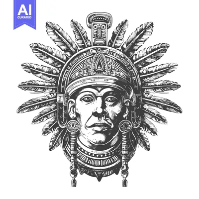 Premium design asset: Engraved Illustration of an Indigenous Person Wearing a Feather Headdr