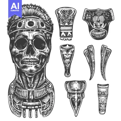 Premium design asset: Engraved Illustration of a Skull with Feathers and Ornamental Artifact