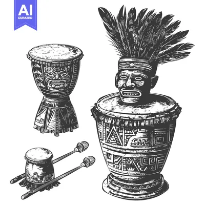 Popular premium asset: Engraved Illustration of Indigenous Drums and Mask with Feathers