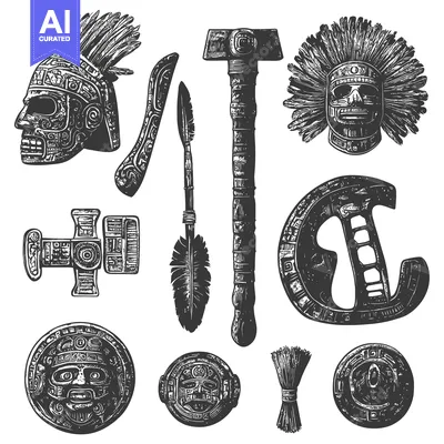 Aset desain premium: Engraved Illustrations of Ancient Mayan Artifacts