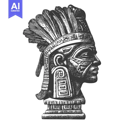 Aset premium populer: Engraved Profile of an Aztec Warrior with Feathered Headdress