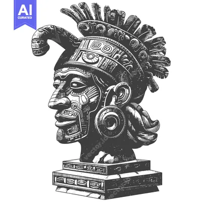 Aset desain premium: Engraved Stone Sculpture of a Feathered Mayan Head