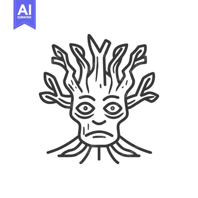 Aset desain premium: Ent-like Tree Creature with Sad Expression, Line Art Illustration