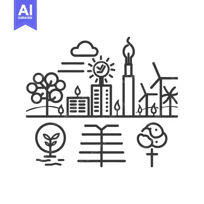 Aset premium populer: Simplified line drawing illustrating sustainable energy and eco concep