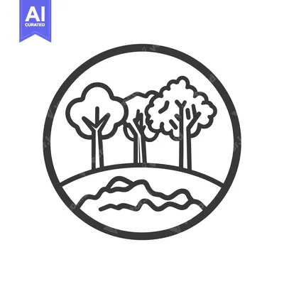 Aset desain premium: A simplified illustration showing trees on a grassy hill contained ins