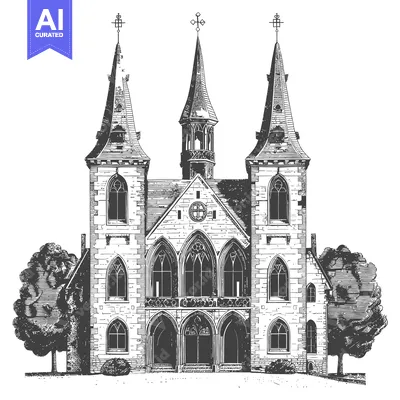 Aset premium populer: Gothic Style Church Building Architectural Drawing