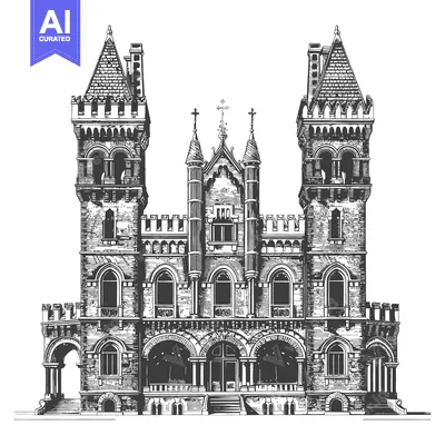 Aset premium populer: Grand Gothic Style Mansion Architectural Drawing