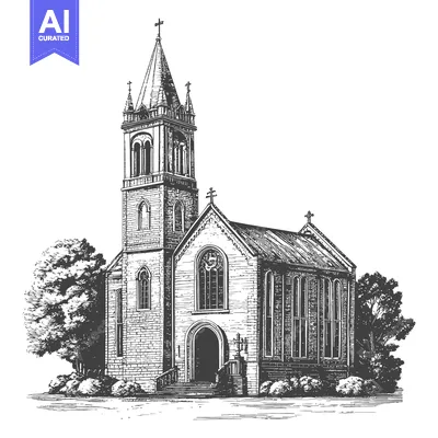Aset premium populer: Stone Church Building With Tall Steeple And Trees