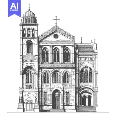 Aset premium populer: Ornate Church Building Architectural Drawing Illustration