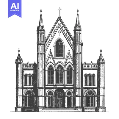 Aset desain premium: Gothic Style Church Architectural Drawing Illustration