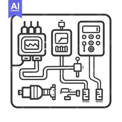 Aset premium populer: Illustrated diagram of interconnected control panels and electrical co