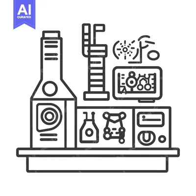 Aset desain premium: Laboratory equipment arranged on a countertop as a line art illustrati